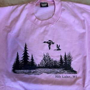 Vintage 90’s Screen Stars Pink Tshirt Large Rib Lake, WI Nature Scene